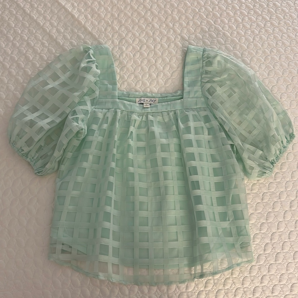 She + Sky Square-Check Puff Sleeve Top - Mint Green